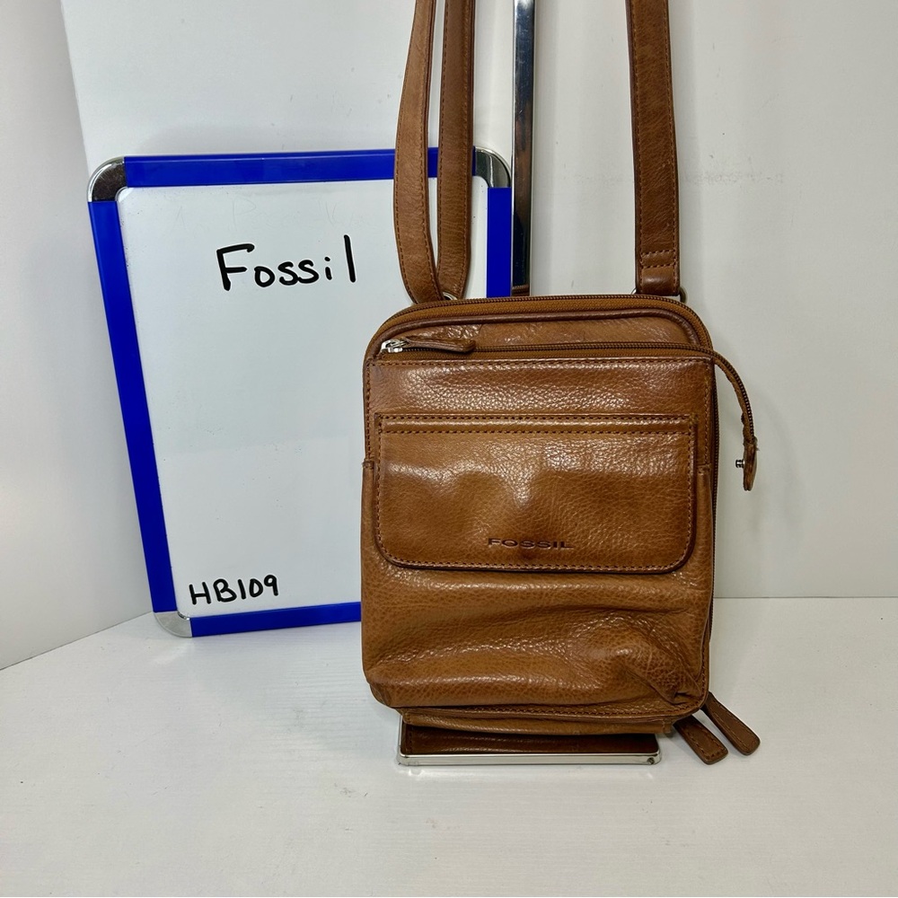 Vintage Fossil Cognac Brown Leather Multi-Compartment Crossbody Bag - Picture 11 of 12